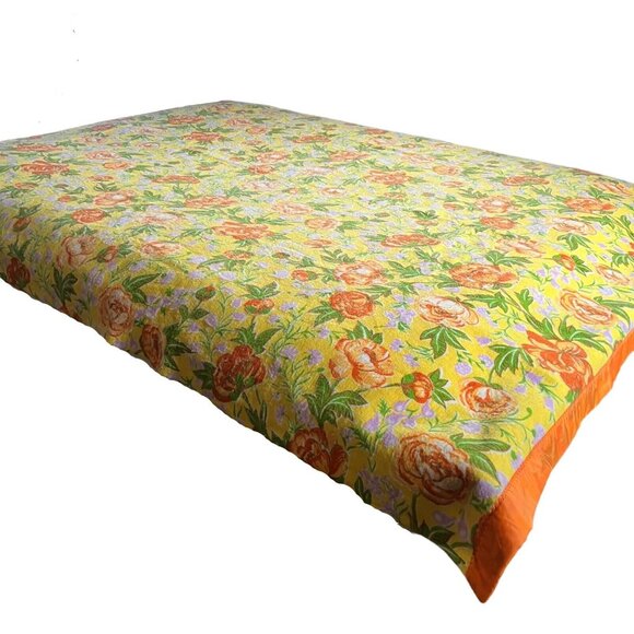 Chatham Acrylic Blanket Satin Edge Orange Yellow Floral Made USA Vintage 1970s - Picture 2 of 6